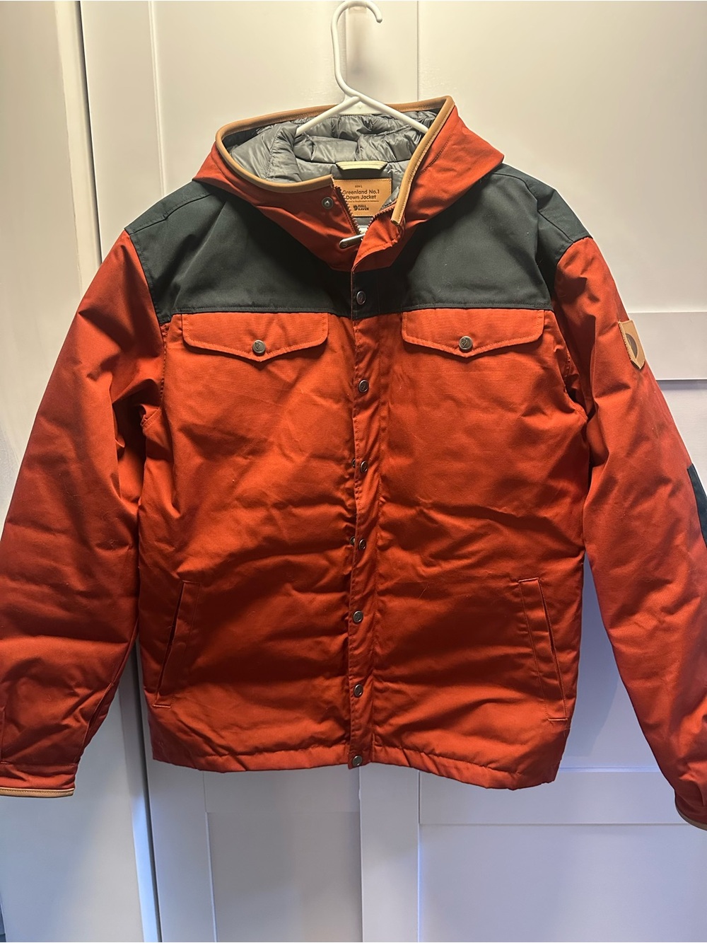 Fjall Raven Insulated Orange Hooded Jacket with Dark Shoulder Yoke